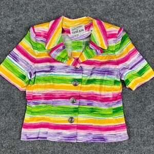 Teri Jon Blouse Womens 4 Multicolor Stripe Linen Button Front Short Sleeve Top